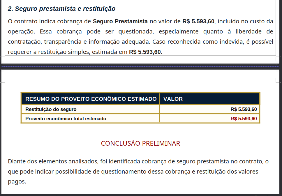 Trecho de exemplo do relatório de análise de cobrança indevida